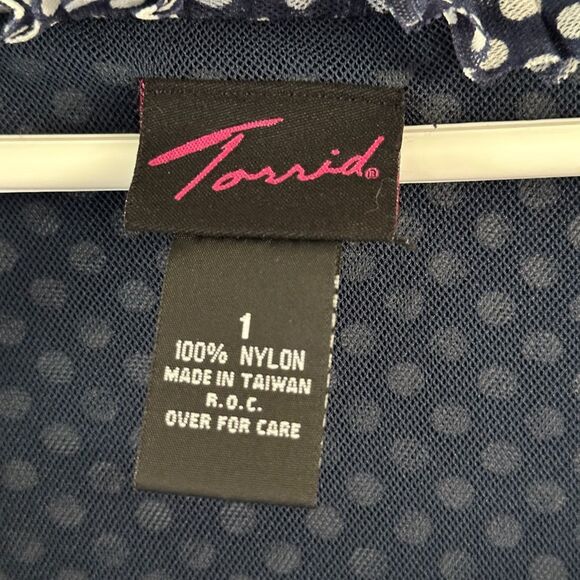 Torrid Navy Blue white polka dot ruffle top mesh fabric lined. Length weight - Picture 5 of 7